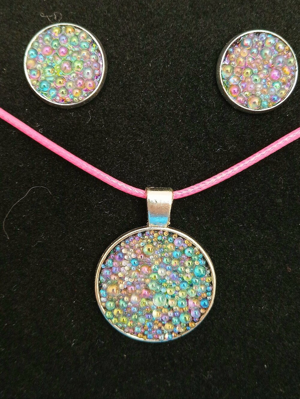 Iridescent round bubble necklace and earrings studs jewelry set new handmade